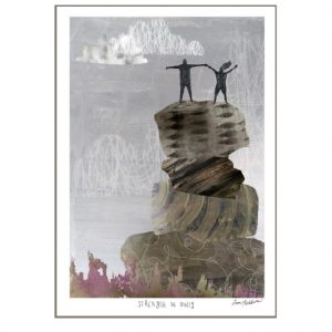 Strength In Unity, A3 giclee print of two figures have reached the top of rocky boulders, by Jane Middleton Art.