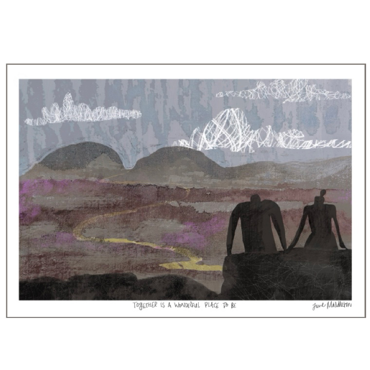 Together Is A Wonderful Place To Be - A3 giclee print from Jane Middleton Art depicting two figures looking out over wonderful views of the hills.