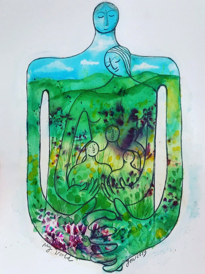 My World Right There, framed original family prtrait commission by Jane Middleton Art.