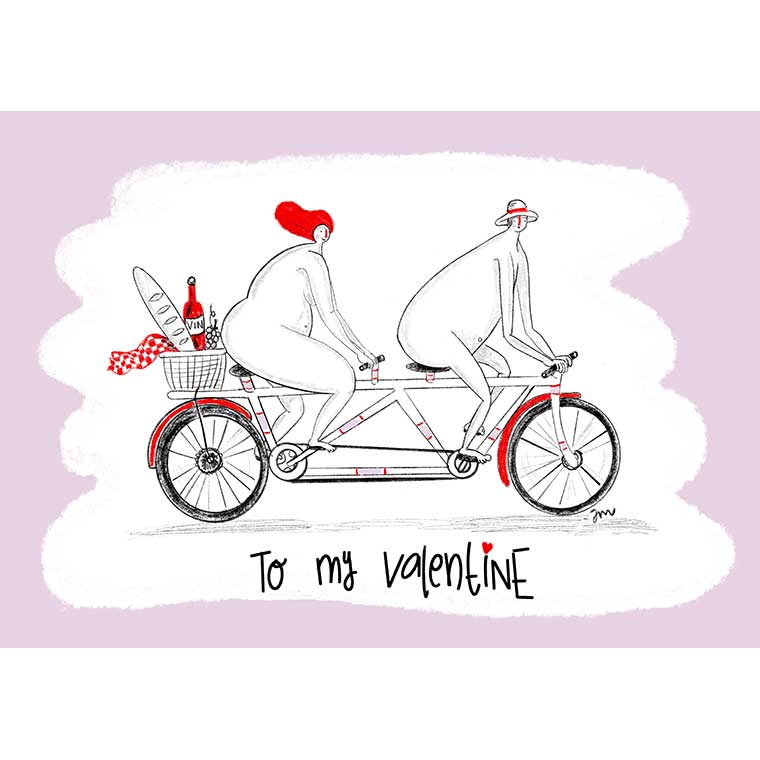 Be my valentine card. A couple peddling on their bicycle in the nude! A funny one to make your loved one smile.