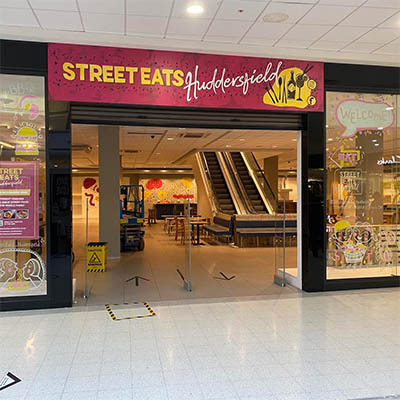 street eats external signage, Kingsgate centre Huddersfield by Jane Middleton Art