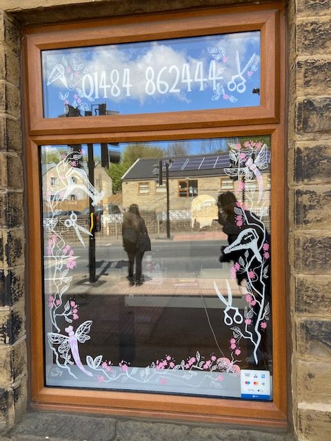 Annes Hair Salon Anne's Hair Salon, Denby Dale, window mural by Jane Middleton Art