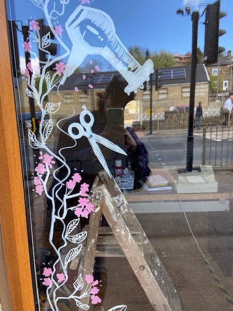 Annes Hair Salon Anne's Hair Salon, Denby Dale, window mural by Jane Middleton Art