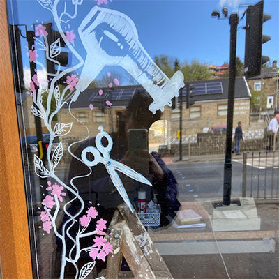 Anne's hair salon, Senby Dale, window mural by Jane Middleton Art