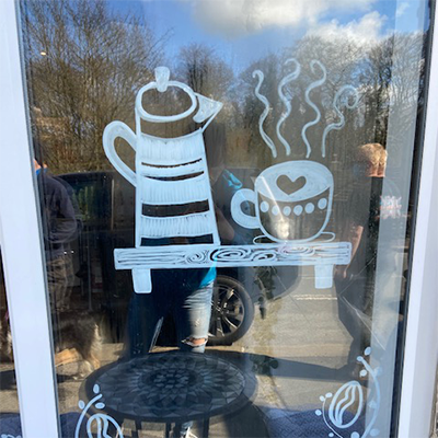 Joys Coffee Shop, Kirkburton window mural by Jane Middleton Art