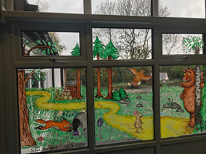 Spire School Chesterfield Window murals at Spire Infant & Junior School Chesterfield by Jane Middleton Art