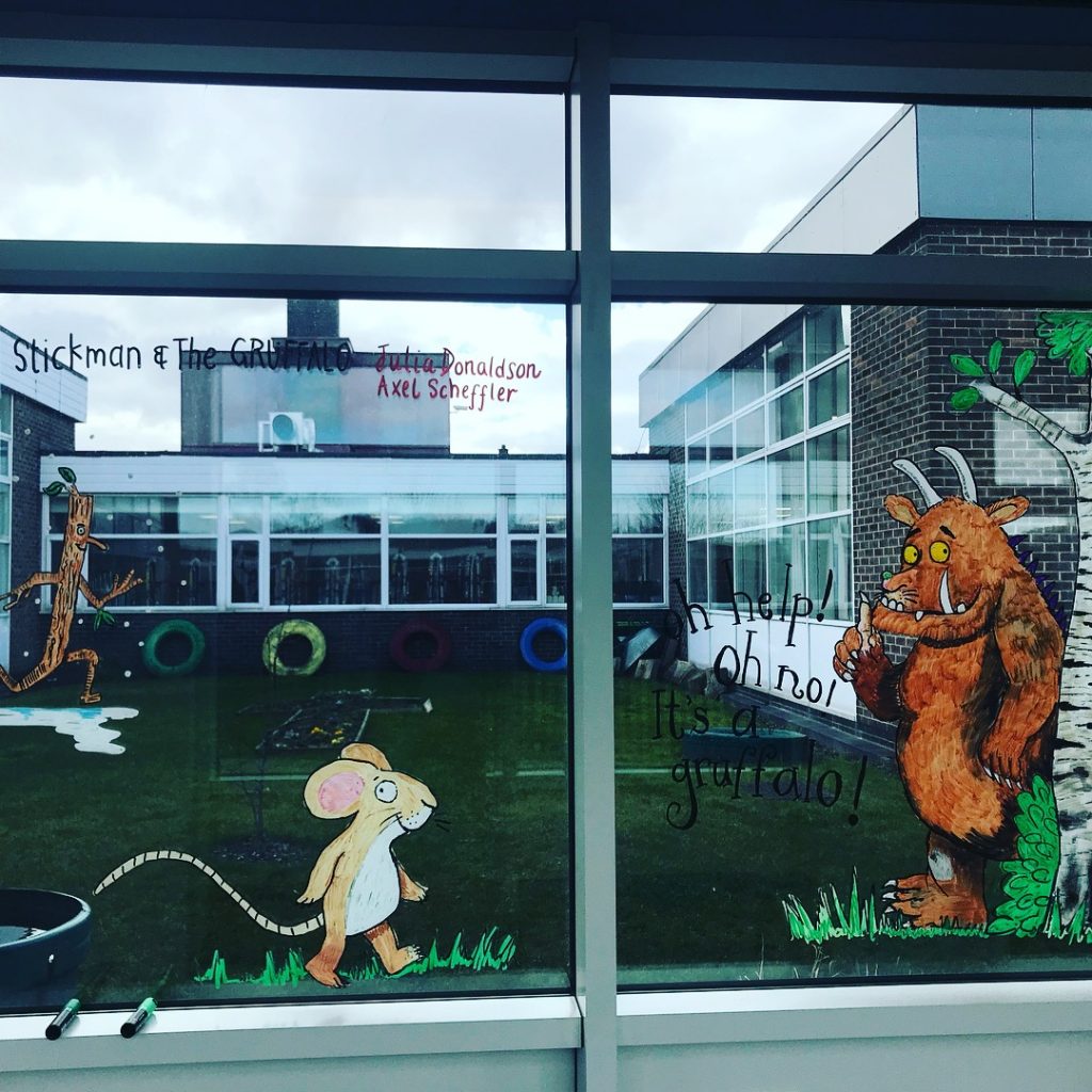 Window murals at St Josephs Catholic Primary School Huddersfield by Jane Middleton Art