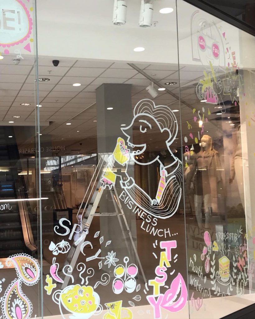 Street Food Kingsgate Centre Huddersfield, window mural by Jane Middleton Art
