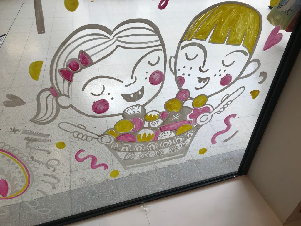 Street Food Kingsgate Centre Huddersfield, window mural by Jane Middleton Art
