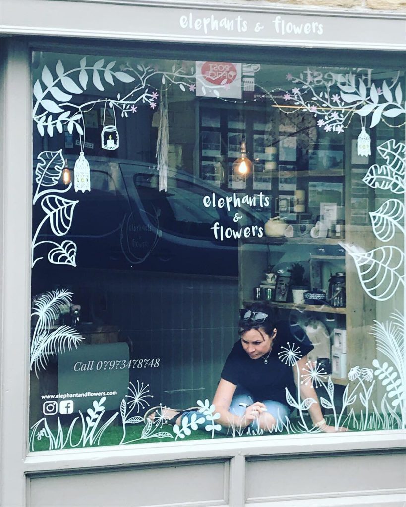 Elephants and Flowers Florist Shepley, window murals by Jane Middleton Art