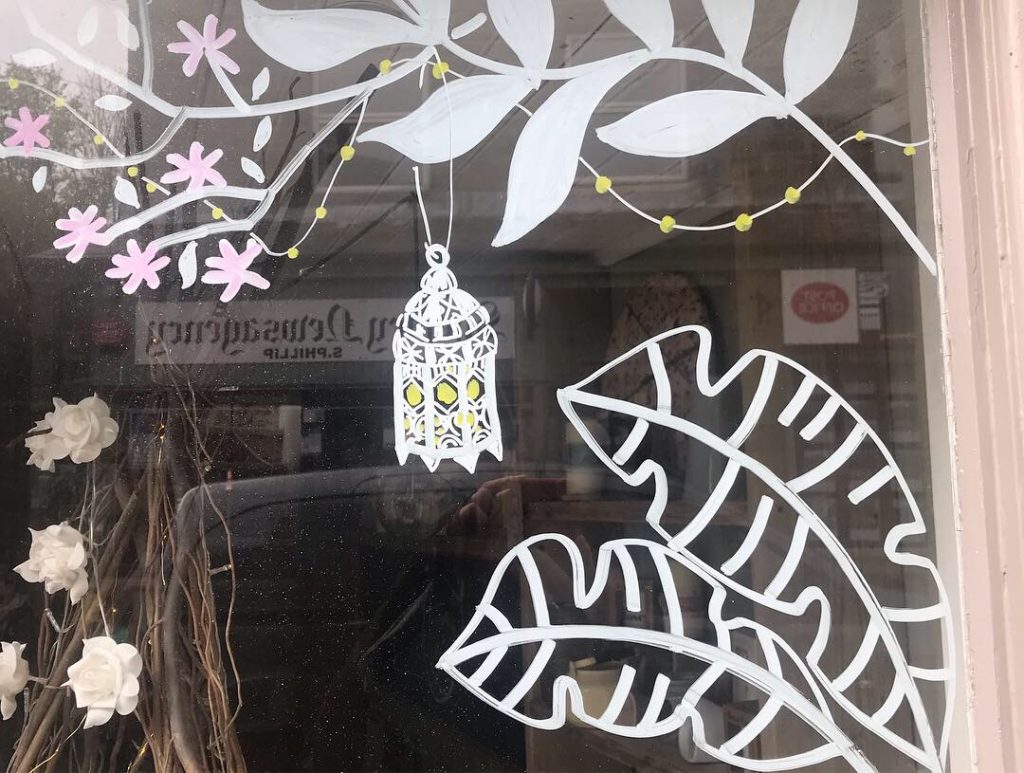 Elephants and Flowers Florist Shepley, window murals by Jane Middleton Art