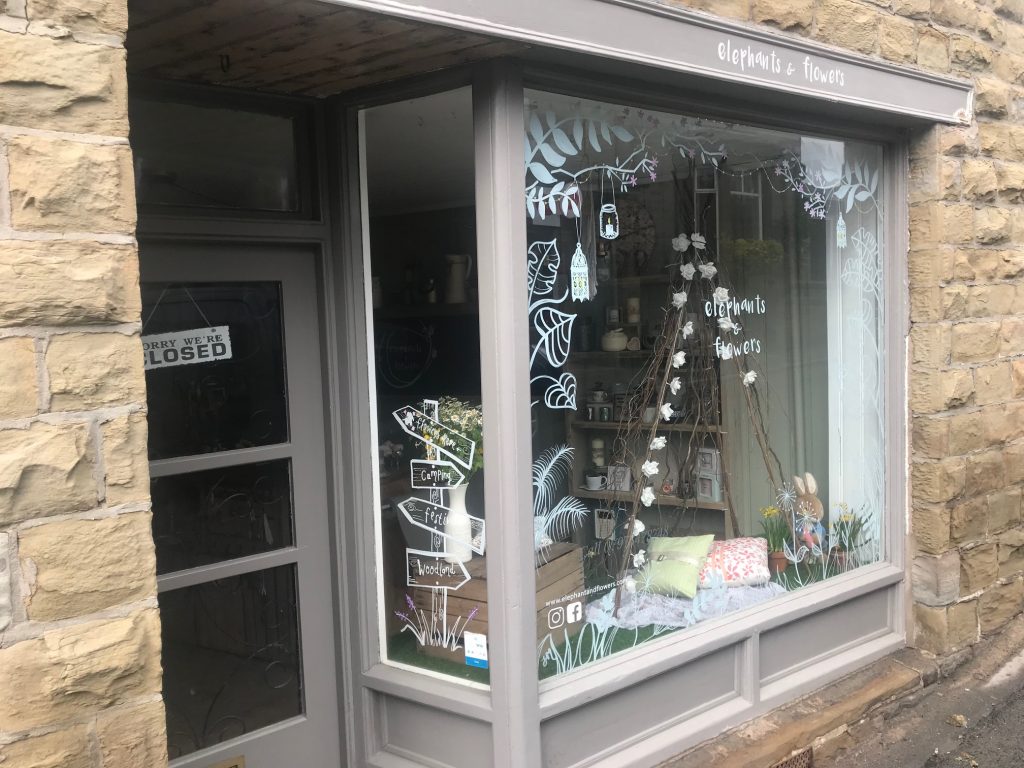 Elephants and Flowers Florist Shepley, window murals by Jane Middleton Art