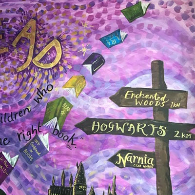 header image eden centre Eden Centre Crosland Moor, reading corner wall murals by Jane Middleton Art