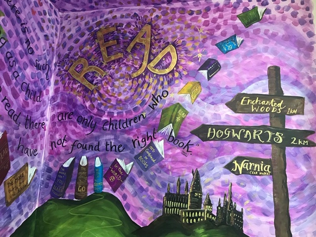 Eden Centre Crosland Moor Wall murals at Eden Centre Crosland Moor for reading corner, by Jane Middleton Art