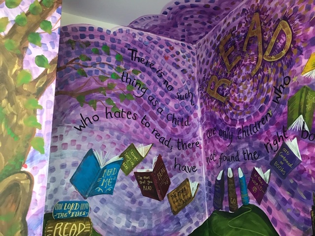 Eden Centre Crosland Moor Wall murals at Eden Centre Crosland Moor for reading corner, by Jane Middleton Art