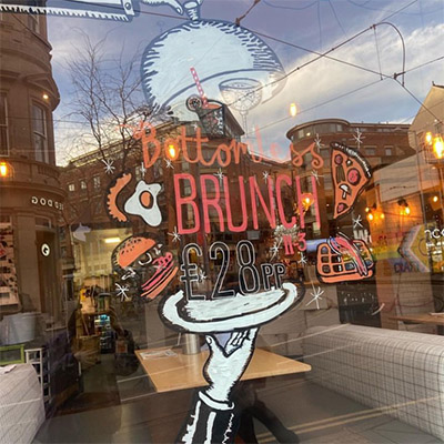 Window mural on Faradays Pub in Nottingham by Jane Middleton Art